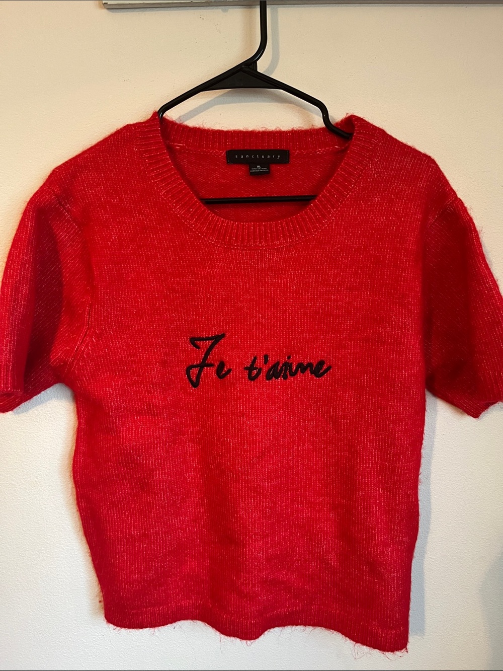 Sanctuary Red Short-Sleeve Crewneck Sweater with Script Embroidery